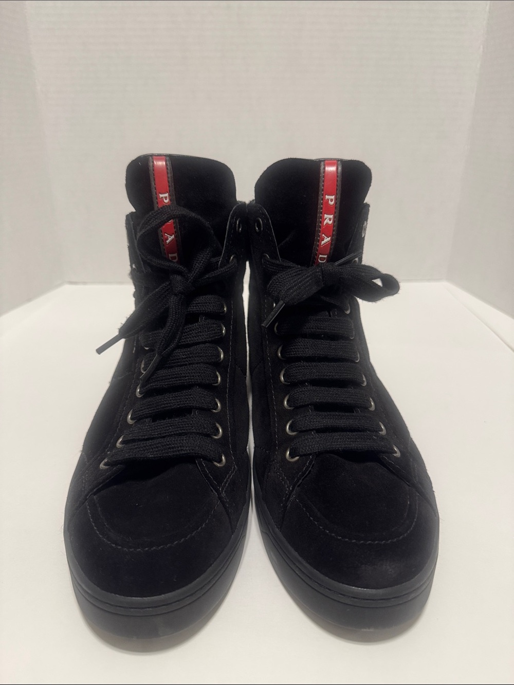 Prada Black Suede High-Top Sneakers with Red Logo Tab